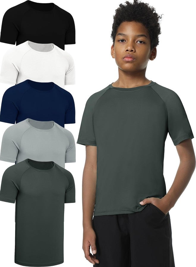 EXARUS 5 Pack Boys Athletic Shirts Short Sleeve Quick Dry Basketball Tee Active Performance T-Shirts for Kids 10Y - Image 1